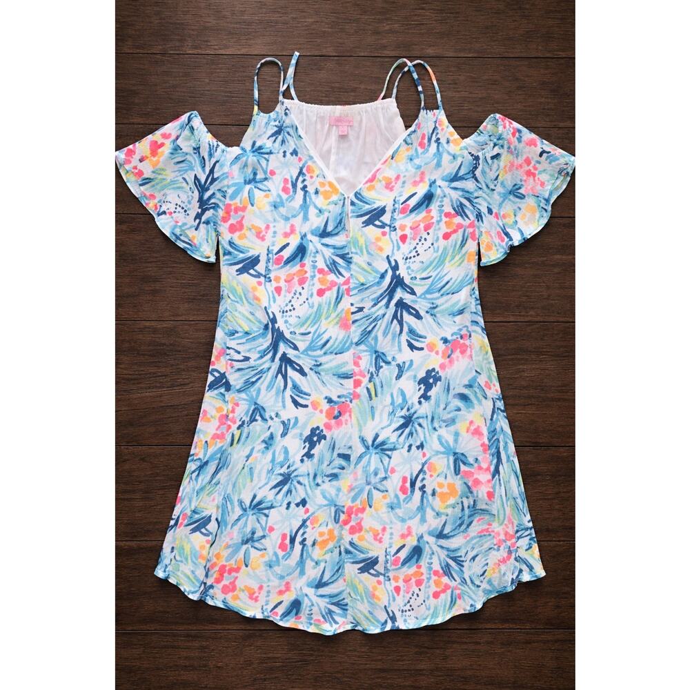 LILLY PULITZER Bellamie Serene Blue Floral Open Shoulder Beach Dress Sz L